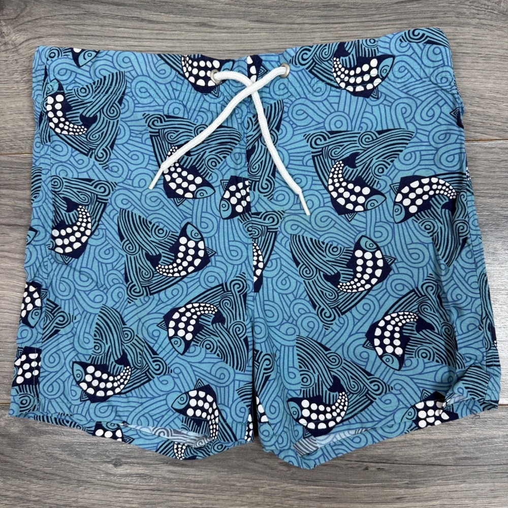 Vintage Lands End Fish Print Swim Trunks Blue Nylon Mesh Liner‎ Drawstring M 5/6